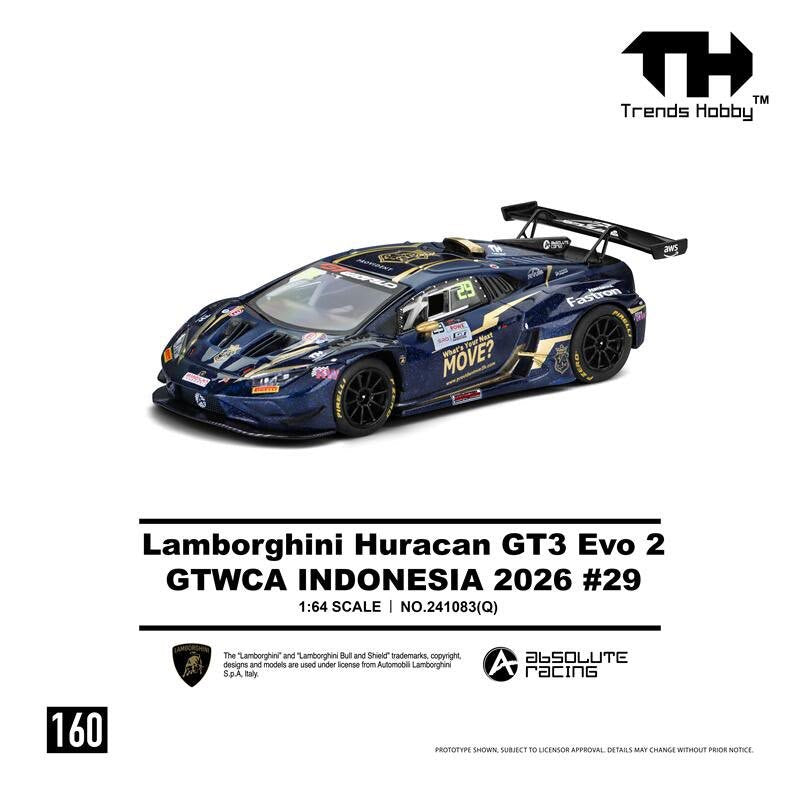 Pre-Order – 2026 Lamborghini Huracan GT3 EVO2 GTWCA Indonisia #29, blue 1:64 Trends Hobby Model (TH241083Q) – ETA. January 2027