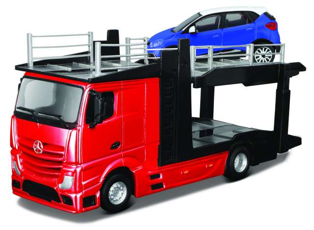 2016 Mercedes Benz Actros 2545 Car Carrier + Renault Captur, red/black and blue/white 1:43 Bburago Model