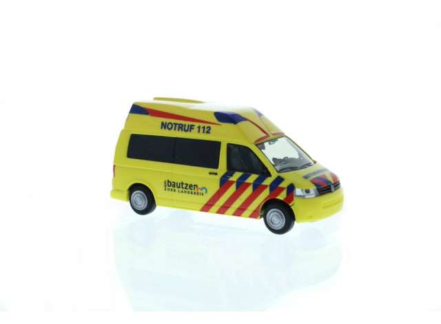 Available To Order – Volkswagen T5 Hornis S. Rettungsdienst Radeberg, yellow/red/blue 1:87 Rietze Model (RZ53438)