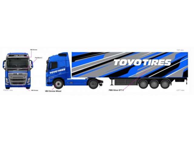 Volvo FH16 Globetrotter 750 XXL Street Fire Haulers with Trailer *Toyo Tires*, blue/grey 1:43 Bburago Model