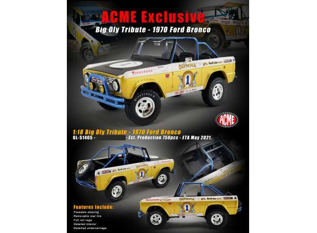 1970 Ford Bronco *Big Oly Tribute*, gold/white 1:18 Acme Diecast Model