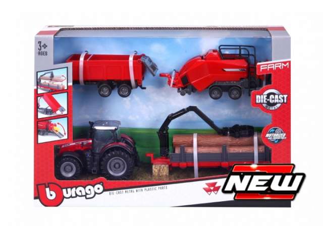10cm Massey Ferguson 8740S Motorized with Tipping Trailer, Baler Lifter & Tree Forwarder, red Bburago Model