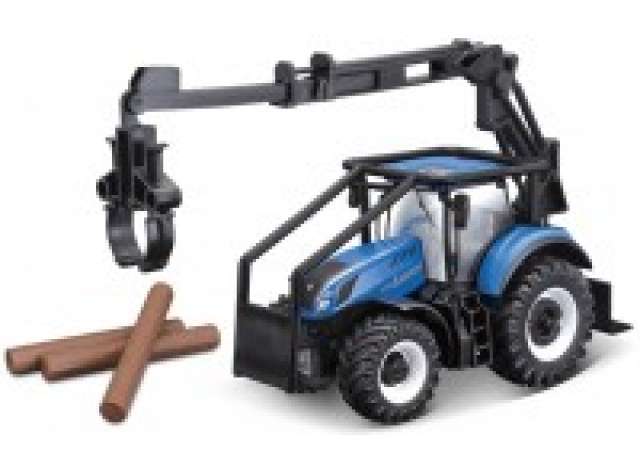 10 cm New Holland T7.315 forestry tractor + logging loader, blue/grey Bburago Model