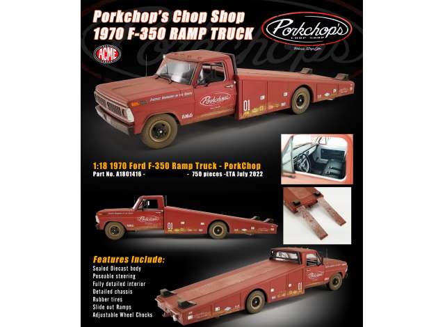 1970 Ford F-350 Ramp Truck *Porkchop's Chop Shop*, brown-red 1:18 Acme Diecast Model