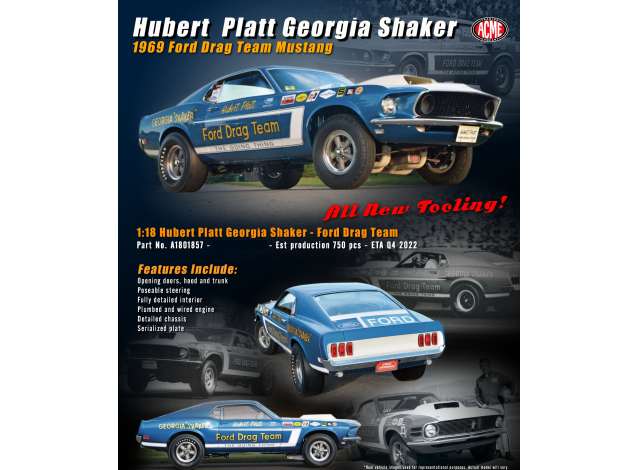 Pre-Order – 1969 Ford Drag Team Mustang *Hubert Platt Georgia Shaker*, blue/white 1:18 Acme Diecast Model (acme1801857) – ETA. September 2026