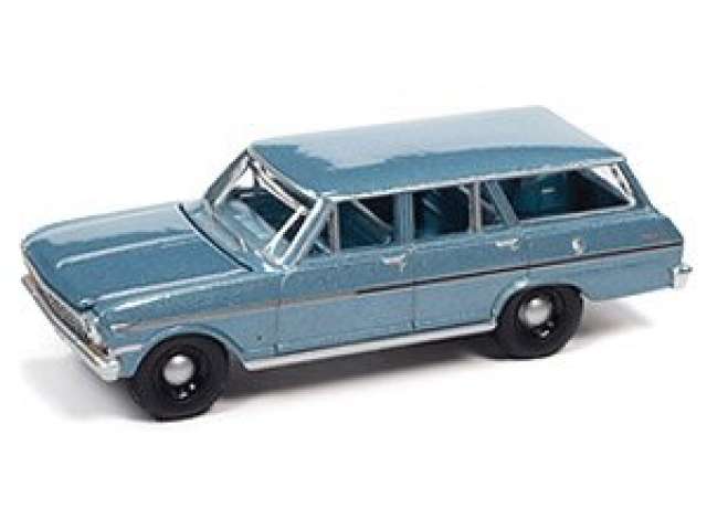 1963 Chevrolet II Nova Station Wagon, Silver Blue Poly 1:64 Auto World Model