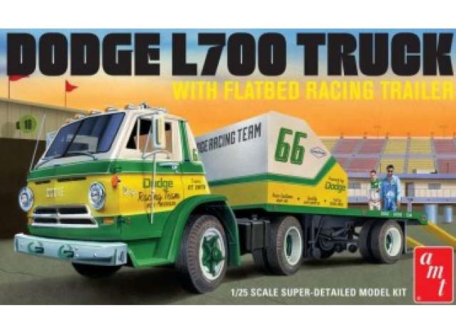 1966 Dodge L700 Truck w/Flatbed Racing Trailer, plastic modelkit 1:25 AMT Model