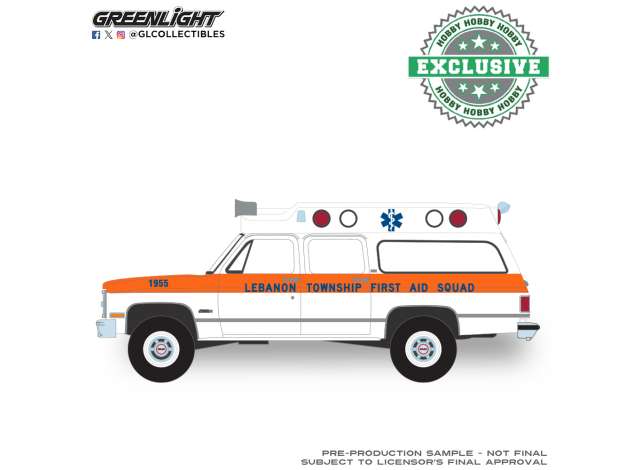 Pre-Order – 1984 GMC Suburban 2500 Sierra Classic Ambulance Lebanon Township New Jersey First Aid Squad, white/orange 1:64 GreenLight Model (gl30509) – ETA. September 2026