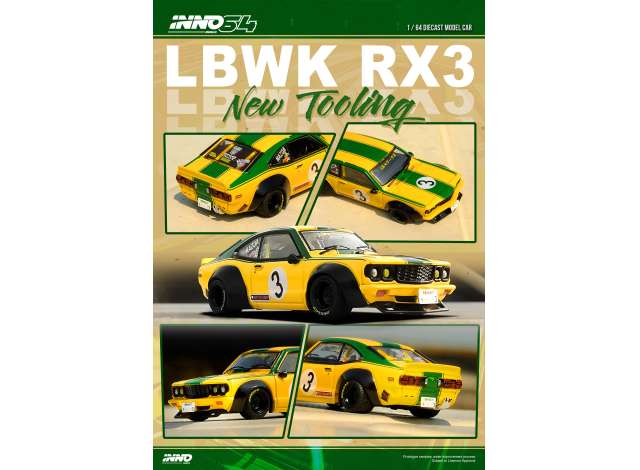 1:64 INNO64 IN64-LBWKRX3-01 LBWK MAZDA RX3 SAVANNA YELLOW AND GREEN #3