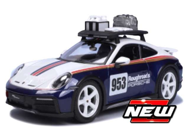 2023 Porsche 911 #953 Dakar Rally, white/blue/gold/red 1:24 Bburago Model