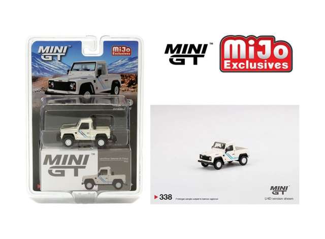 1:64 MINI GT MGT00338MJ LANDROVER DEFENDER 90 PICK-UP, WHITE/BLUE STRIPES