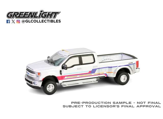 Pre-Order – 2019 Ford F-350 Lariat Dually, white with custom stripes *Dually Drivers Series 16*, white 1:64 GreenLight Model (gl46160D) – ETA. September 2026