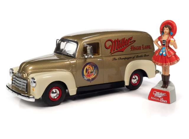 1951 GMC Delivery Truck Miller High Lifewith Resin Miller Girl Figure, gold 1:24 Auto World Model