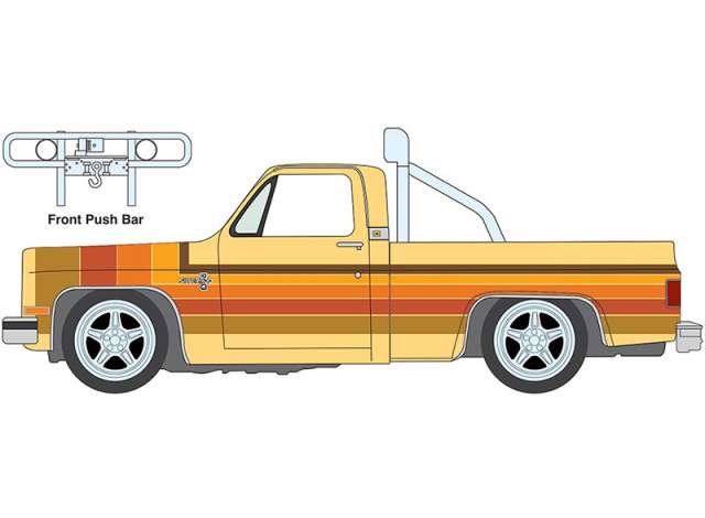 Pre-Order – 1981 Chevrolet Silverado Fleetside Lowered, Custom Cream with 5 Color Stripe Graphics 1:64 Auto World Model (AWSP191) – ETA. September 2026