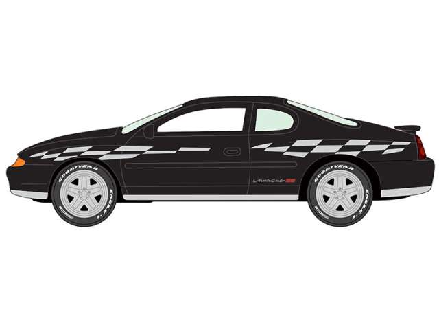Pre-Order – 2000 Chevrolet Monte Carlo SS, Gloss black with checkered side stripe 1:64 Johnny Lightning Model (JLSP391B) – ETA. September 2026