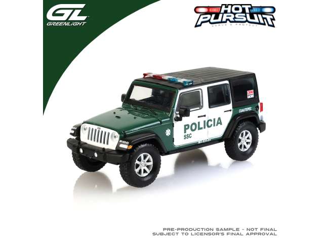 Pre-Order – 2019 Jeep Wrangler Unlimited Rubicon, Mexico City Police *Hot Pursuit*, white/green 1:43 GreenLight Model (gl86644) – ETA. September 2026