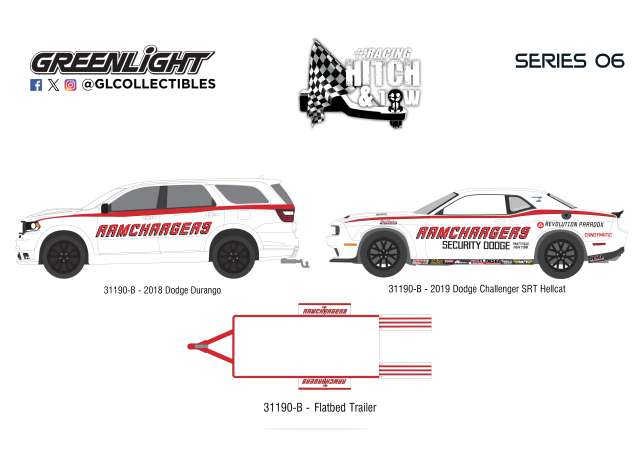 Pre-Order – 2018 Dodge Durango and 2016 Dodge Challenger R-T Hemi with Aerovault MII Trailer *Racing Hitch & Tow Series 6*, white/red 1:64 GreenLight Model (gl31190B) – ETA. September 2026
