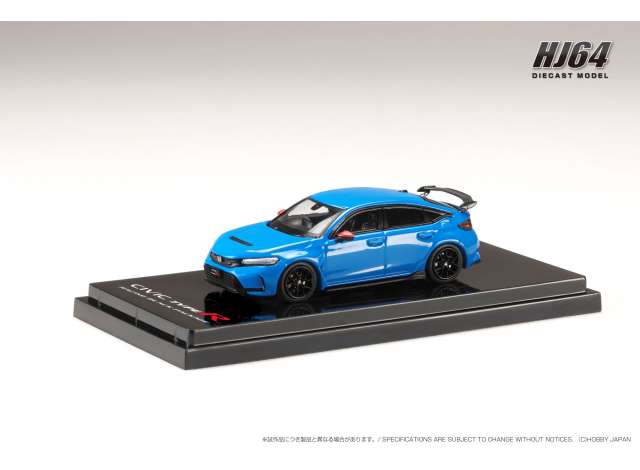 Available To Order – Honda Civic Type R (FL5), Racing Black Package/Genuine Optional Parts with Tailgate Spoiler, Racing Blue Pearl 1:64 Hobby Japan Model (HJ645063BL)