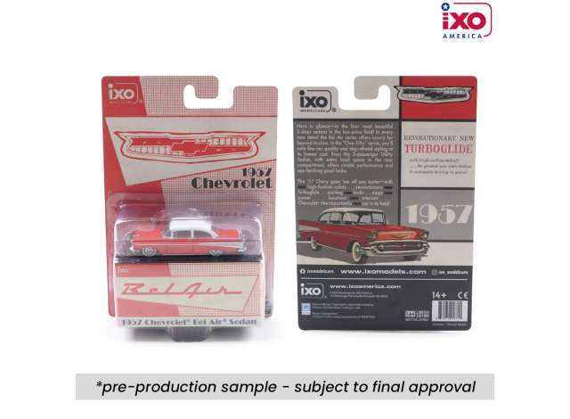 Pre-Order – 1957 Chevrolet Bel Air Sedan, matador red/india ivory 1:64 IXO America Model (ixoIA64008) – ETA. September 2026