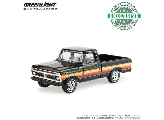 Pre-Order – 1977 Ford F-100 *Free Wheeling Stripes Edition* , raven black 1:64 GreenLight Model (gl30571) – ETA. September 2026