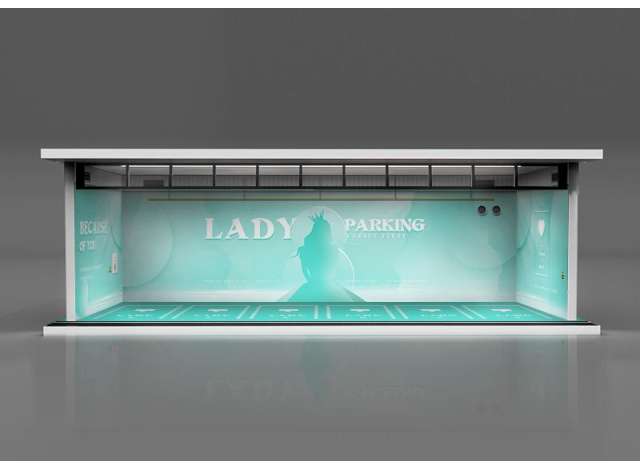 Available To Order – Parking Garage Lady Parking with Light, Blue/White 1:64 Black Box Diorama Model (MO914018)