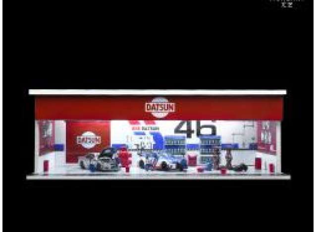 Available To Order – Parking Garage Datsun Garage with Light, Red/Blue 1:64 Black Box Diorama Model (MO914110)