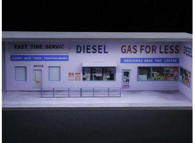 Available To Order – Diorama A-Gas Station with Light, Blue/White 1:64 Black Box Diorama Model (MO914401)
