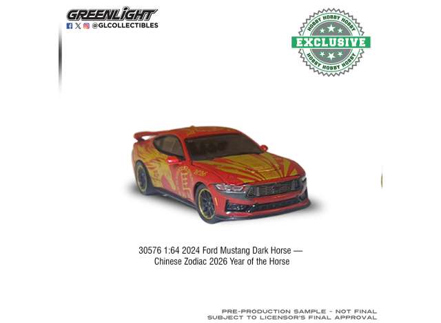 Pre-Order – 2024 Ford Mustang Dark Horse *Chinese Zodiac 2026 Year of the Horse*, red 1:64 GreenLight Model (gl30576) – ETA. September 2026