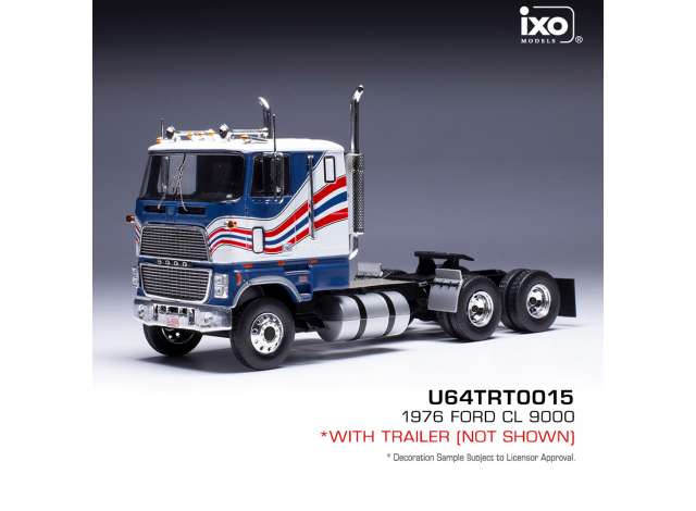 Pre-Order – 1976 Ford CL 9000 with Vintage Trailer, blue/white/red 1:64 IXO America Model (ixoU64TRTR001S) – ETA. September 2026