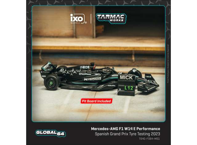 Pre-Order – 2023 Mercedes-AMG F1 W14 E Performance Mick Schumacher Spanish Grand Prix Tyre Testing with pit board, black 1:64 Tarmac Model (TC-T64G-F064-MS1) – ETA. September 2026