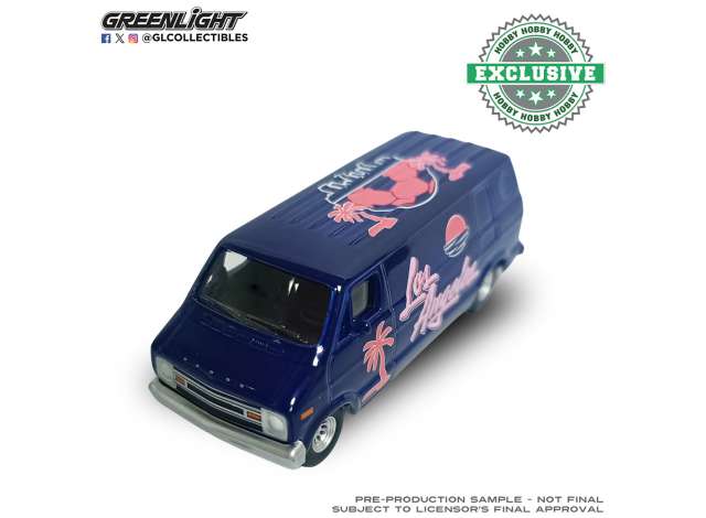 Pre-Order – 1976 Dodge B-100 Van, Los Angeles Tribute *International Soccer Celebration 2026*, blue/pink 1:64 GreenLight Model (gl30587B) – ETA. September 2026