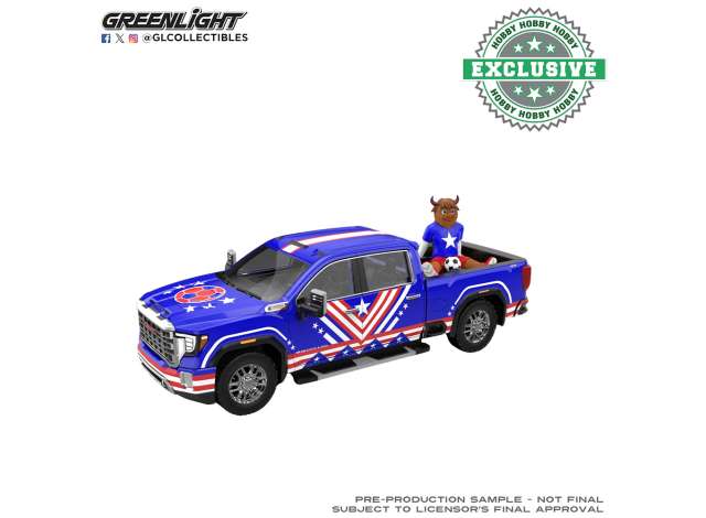 Pre-Order – 2022 GMC Sierra 3500 HD *International Soccer Celebration 2026* USA Tribute with Bison Figurine, blue/red/white 1:64 GreenLight Model (gl30588) – ETA. September 2026