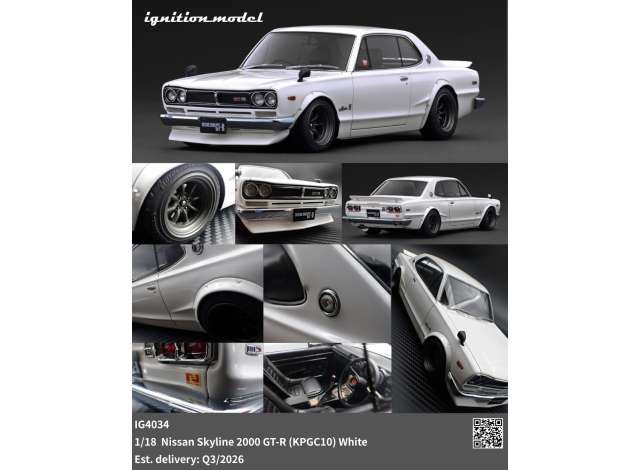 Pre-Order – Nissan Skyline 2000 GT-R (KPGC10), white 1:18 Ignition Model (IG4034) – ETA. October/November 2026