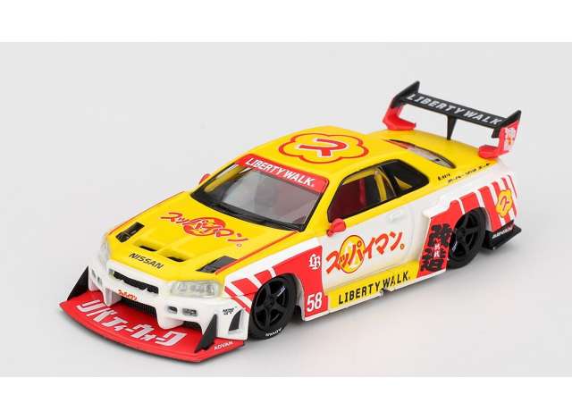 Pre-Order – 2025 Nissan GTR (R34) LB-Super Silhouette Skyline Suppaiman Okinawa, yellow/red/white 1:64 Mini GT Model (MGT01204BL) – ETA. October 2026