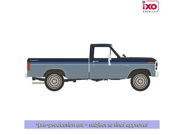 Pre-Order – 1981 Ford F-150 Custom Explorer Short Bed Styleside 4x2, Tu-Tone midnight blue metallic/ medium blue glow 1:64 IXO America Model (ixoIA64030) – ETA. October/November 2026