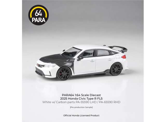 Pre-Order – 2023 Honda Civic Type R FL5 *Left hand drive*, white with carbon parts 1:64 Para64 Model (pa55590) – ETA. July/August 2026