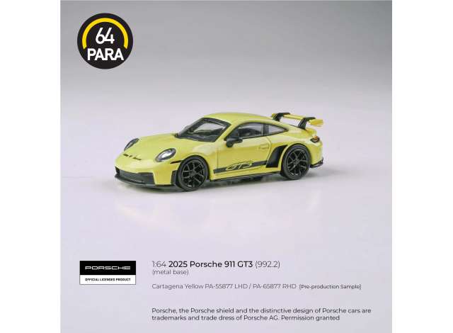 Pre-Order – 2025 Porsche 911 GT3 (992.2) *Left hand drive*, cartagena yellow 1:64 Para64 Model (pa55877) – ETA. July/August 2026