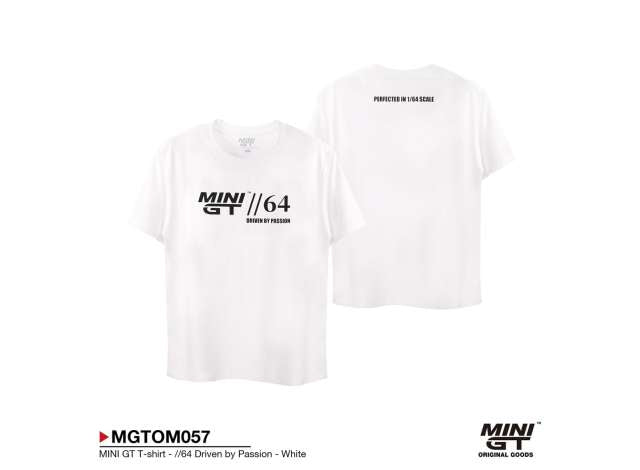 Pre-Order – MINI GT T-shirt *//64 Driven by Passion*, white 1:0 Mini GT Model (MGTOM057-S) – ETA. October/November 2026