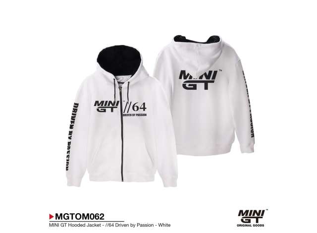 Pre-Order – MINI GT Hooded Jacket *//64 Driven by Passion*, white 1:0 Mini GT Model (MGTOM062-XS) – ETA. October/November 2026