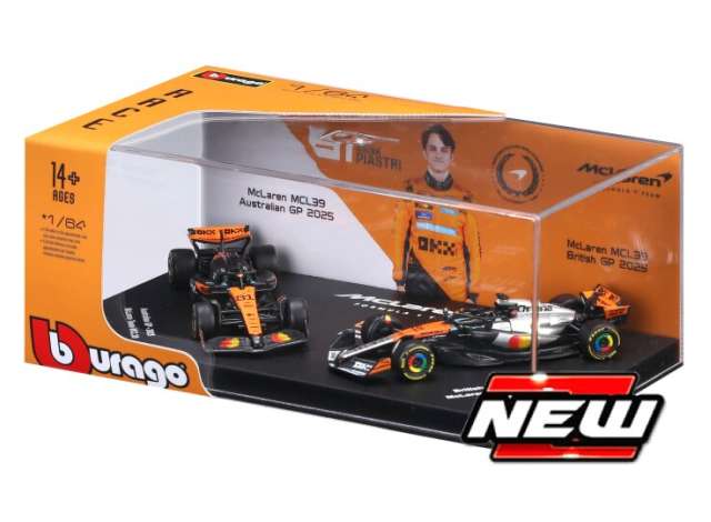 Pre-Order – Mclaren F1 2-pack premium #4 Lando Norris and #81 Oscar Piastri, orange 1:64 Bburago Model (bura58019) – ETA. July/August 2026