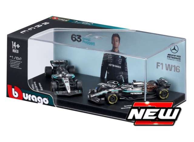 Pre-Order – Mercedes-AMG Petronas F1 2-pack premium #63 George Russell and #12 Kimi Antonelli, black/silver 1:64 Bburago Model (bura58020) – ETA. July/August 2026