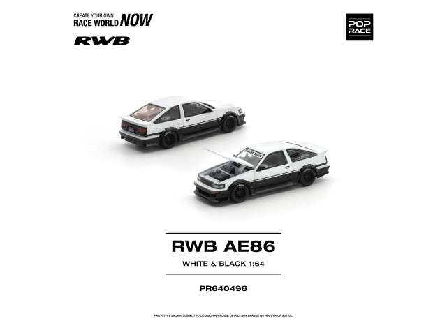 Pre-Order – RWB AE86, white/black 1:64 Pop Race Limited Model (PR640496) – ETA. October/November 2026
