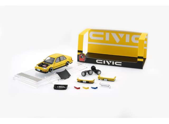 Pre-Order – 1991 Honda Civic EF2 (RHD), Custom Yellow BlK Bonnet 1:64 BM Creations Model (BM64B0469) – ETA. July/August 2026