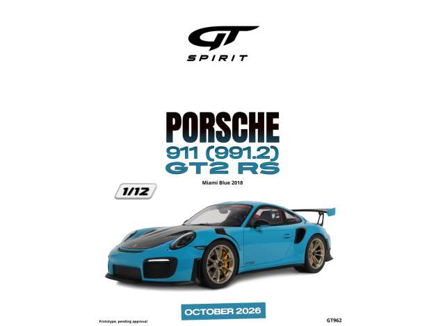 Pre-Order – 2018 Porsche 911 (911.2) GT2 RS *Resin*, Miami blue 1:12 GT Spirit Model (GT962) – ETA. January 2027