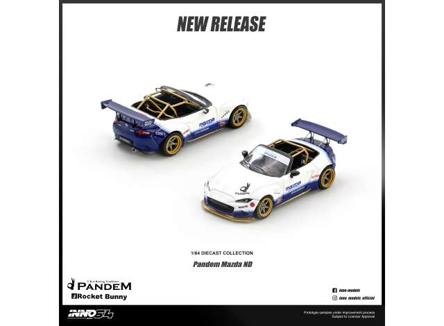 Pre-Order – Mazda MX-5 (ND) Miata *Pandem Rocket Bunny* V1.0, white/blue 1:64 Inno Models Model (in64-MX5P-ND-01) – ETA. September 2026