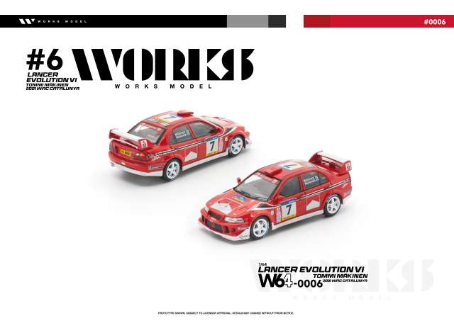 Pre-Order – Mitsubishi Lancer Evo VI #7 Tommi Makinen 2001 WRC Catalunya, red/white 1:64 WORKS Model (W64-0006) – ETA. October/November 2026