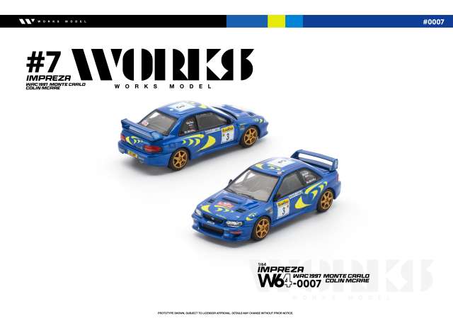 Pre-Order – Subaru Impreza #3 Colin McRae WRC 1997 Monte Carlo, blue/yellow 1:64 WORKS Model (W64-0007) – ETA. October/November 2026