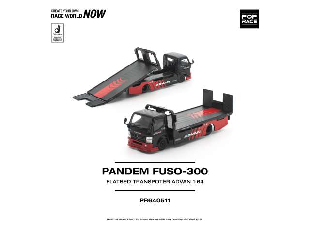 Pre-Order – Pandem Fuso 300 Flatbed Transporter *Advan*, black/red 1:64 Pop Race Limited Model (PR640511) – ETA. October/November 2026