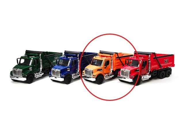 Pre-Order – Western Star 47X (Dump Truck), orange in window box 1:66 Kinsmart Model (KT11003Wo) – ETA. December 2026