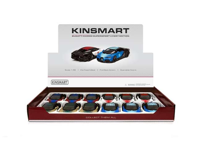 Pre-Order – Bugatti Chiron Supersport *Livery Edition* Assortment tray of 12 with 4 colours in the tray; red,gold,white,blue 1:38 Kinsmart Model (KT5423DF~12) – ETA. December 2026